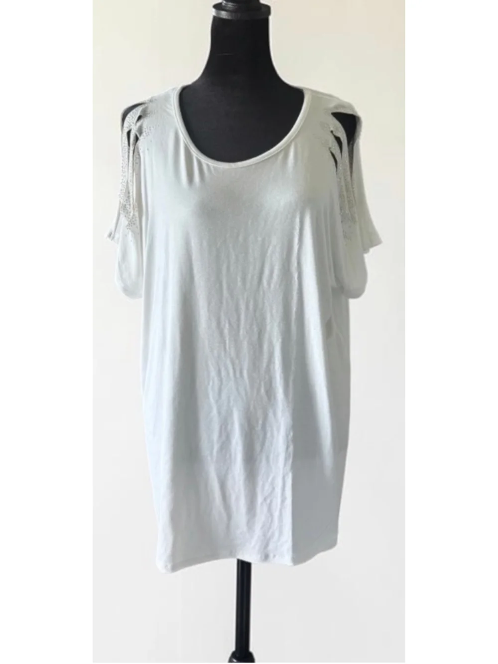 Women's VOCAL White Short Sleeve Tee with Silver Rhinestone Cutouts, Size L